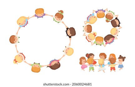 Little Children Holding Hands Standing in Circle Having Fun Vector Set