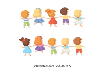 Little Children Holding Hands Walking and Having Fun Vector Set
