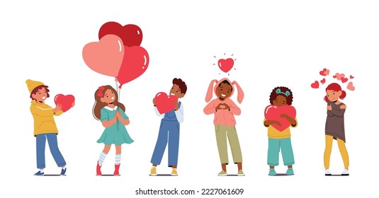 Little Children Holding Hearts and Balloons in Hands. Concept of Love, Self Love, Party Celebration, Donation. Boy or Girl Characters Isolated on White Background. Cartoon People Vector Illustration