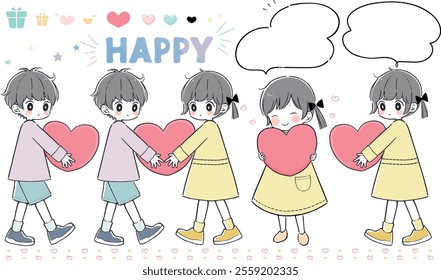 Little Children Holding Hearts in Hands. Concept of Love, Self Love, Party Celebration, Donation. Boy or Girl Characters Isolated on White Background. Cartoon People Vector Illustration