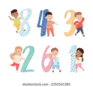 Little Children Holding Number or Numeral Learning Basic Counting Vector Set