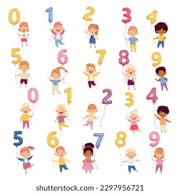 Little Children Holding Number Shaped Balloons by the String Big Vector Set