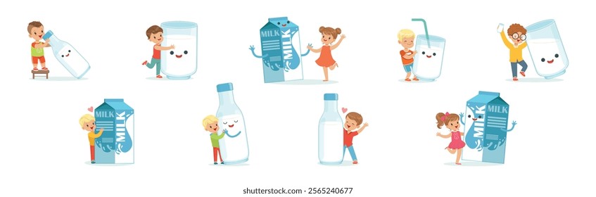 Little Children and Humanized Milk in Bottle and Carton Vector Set