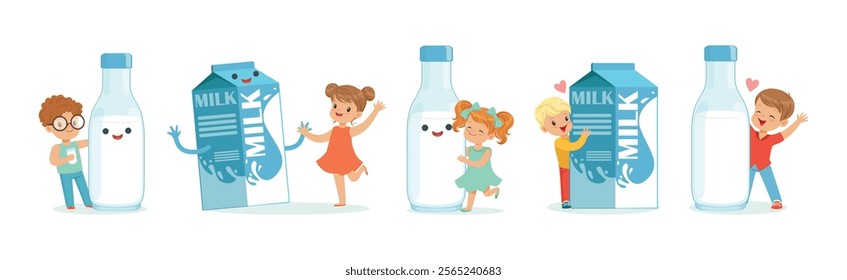 Little Children and Humanized Milk in Bottle and Carton Vector Set