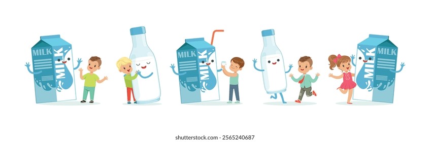 Little Children and Humanized Milk in Bottle and Carton Vector Set