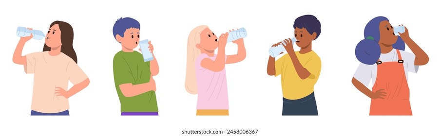 Little children isolated cartoon characters drinking water from plastic bottles and glasses set