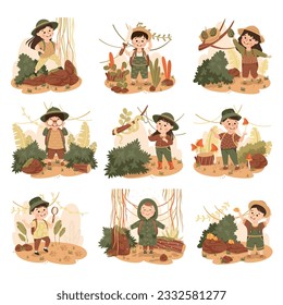 Little Children in the Jungle Looking in Binoculars and Following Trail Exploring Tropical Environment Vector Illustration