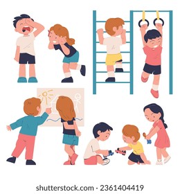 Little Children at Kindergarden Playing Toys and Having Fun Vector Illustration Set