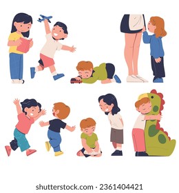 Little Children at Kindergarden Playing Toys and Having Fun Vector Illustration Set