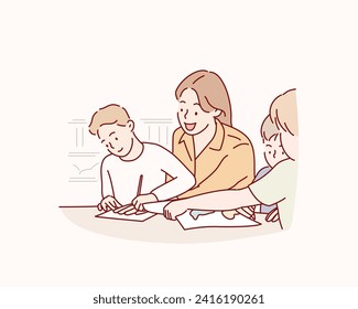 Little children with kindergarten teacher drawing at table indoors. Learning and playing. Hand drawn style vector design illustrations.