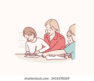 Little children with kindergarten teacher drawing at table indoors. Learning and playing. Hand drawn style vector design illustrations.