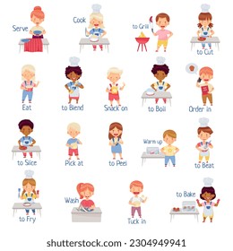 Little Children at Kitchen Cooking, Eating, Serving and Boiling Big Vector Set