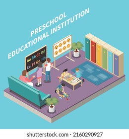 Little children learning and developing skills in classroom at preschool educational institution 3d isometric vector illustration