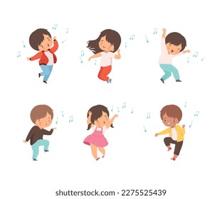 Little children listening to music, singing and dancing set. Cute boys and girls happily jumping cartoon vector illustration