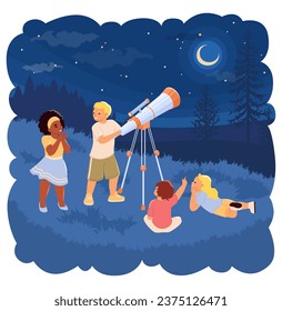 Little children looking through telescope into starry sky having fun time at night park vector illustration. Kids exploring outer space with planets and stars constellations