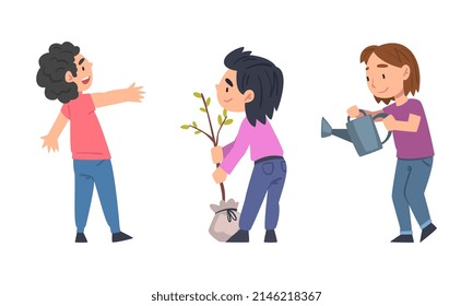 Little Children Loving Planet Taking Care of Earth and Environment Vector Set
