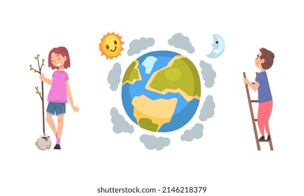 Little Children Loving Planet Taking Care of Earth and Environment Vector Set