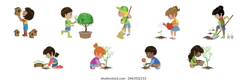 Little Children Loving Planet Taking Care of Earth and Environment Vector Set