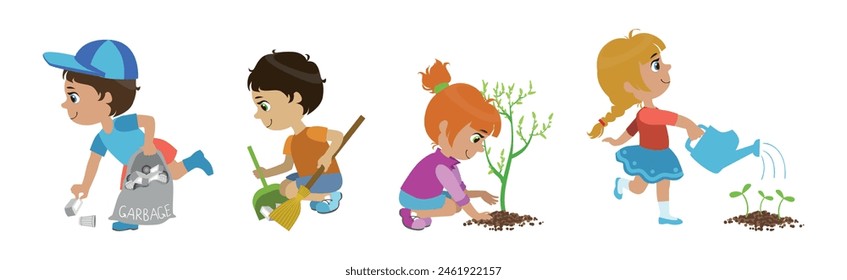 Little Children Loving Planet Taking Care of Earth and Environment Vector Set