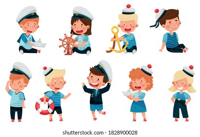 Little Children in Mariner Costume and Forage Cap or Peakless Hat Playing Sailor Vector Illustration Set