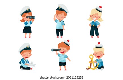 Little Children in Mariner Costume and Forage Cap or Peakless Hat Playing Sailor Vector Illustration Set