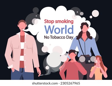 Little children with mom suffer from father's smoking. Kids passive smokers, harm for health. World No Tobacco Day. Bad habits and effect. Flat vector illustration isolated on black background.