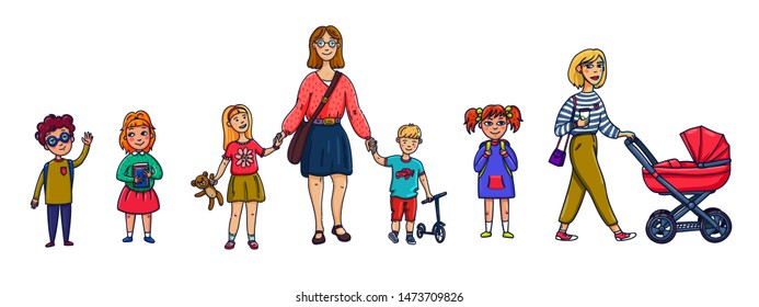 Little children and nanny or mother. Funny cartoon characters set. Flat style vector illustration