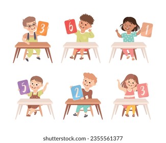 Little Children with Numbers Sitting at Desk Showing Card with Numeral Vector Set