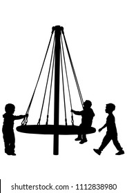 Little children on a carousel on a white background