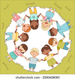 Little Children on Green Lawn Holding Hands Arranged Circle Showing Solidarity and Unity Vector Illustration