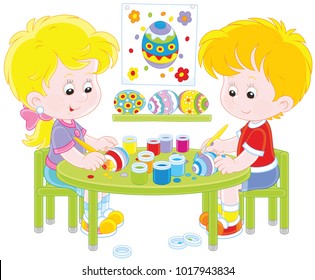 Little children painting Easter eggs to the holiday, a vector illustration in cartoon style