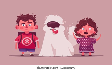 Little children with pet. Cartoon vector illustration. Best friend. Character design. Happy child on a dog. Friendly funny puppy. Friendship and family concept