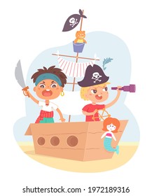 Little children as pirates having adventure in ship. Cute boys with saber and spyglass in boat sailing in sand on island vector illustration. Captain with sailor, kids characters on white background.