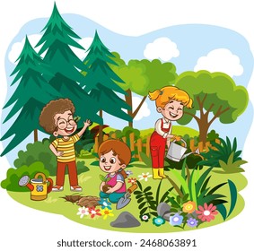 Little children plant flowers in the garden, water the houseplants with a watering can. Flat vector illustration