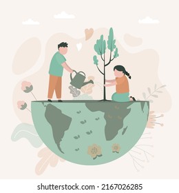 Little children plant tree on planet. Boy watering plants. Environmental protection. Movement for greening planet. Schoolgirl doing gardening. Improvement of ecological situation. Vector illustration