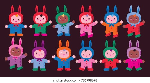 Little children play and dance in the costumes of Easter rabbits. Group of kindergarten. Children's Carnival. Easter greeting card.