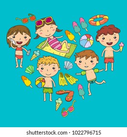 Little children play. Summer camp, beach, vacation. Kindergarten and preschool kids. Play, learn, grow together. Beach, sand castle, sunglasses, icecream, sun, ball. Boys and girls vector pattern