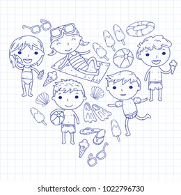 Little children play. Summer camp, beach, vacation. Kindergarten and preschool kids. Play, learn, grow together. Beach, sand castle, sunglasses, icecream, sun, ball. Boys and girls vector pattern