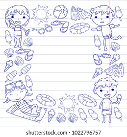 Little children play. Summer camp, beach, vacation. Kindergarten and preschool kids. Play, learn, grow together. Beach, sand castle, sunglasses, icecream, sun, ball. Boys and girls vector pattern