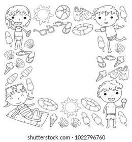 Little children play. Summer camp, beach, vacation. Kindergarten and preschool kids. Play, learn, grow together. Beach, sand castle, sunglasses, icecream, sun, ball. Boys and girls vector pattern