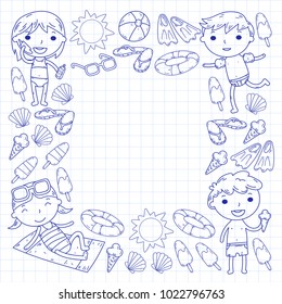 Little children play. Summer camp, beach, vacation. Kindergarten and preschool kids. Play, learn, grow together. Beach, sand castle, sunglasses, icecream, sun, ball. Boys and girls vector pattern