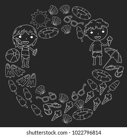 Little children play. Summer camp, beach, vacation. Kindergarten and preschool kids. Play, learn, grow together. Beach, sand castle, sunglasses, icecream, sun, ball. Boys and girls vector pattern