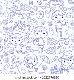 Little children play. Summer camp, beach, vacation. Kindergarten and preschool kids. Play, learn, grow together. Beach, sand castle, sunglasses, icecream, sun, ball. Boys and girls vector pattern