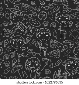 Little children play. Summer camp, beach, vacation. Kindergarten and preschool kids. Play, learn, grow together. Beach, sand castle, sunglasses, icecream, sun, ball. Boys and girls vector pattern