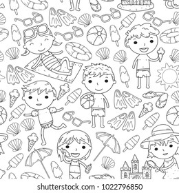 Little children play. Summer camp, beach, vacation. Kindergarten and preschool kids. Play, learn, grow together. Beach, sand castle, sunglasses, icecream, sun, ball. Boys and girls vector pattern