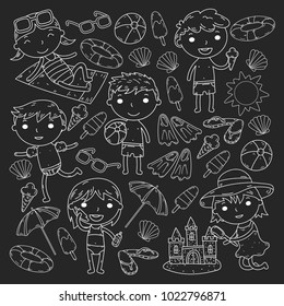 Little children play. Summer camp, beach, vacation. Kindergarten and preschool kids. Play, learn, grow together. Beach, sand castle, sunglasses, icecream, sun, ball. Boys and girls vector pattern