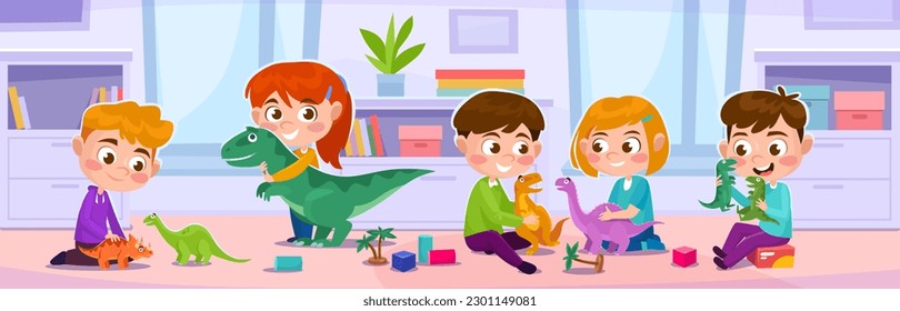 Little children play together with different dinosaur toys in a kindergarten. Cute kids with T-rex, triceratops, brachiosaurus and velociraptor action figures. Cartoon style vector illustration.