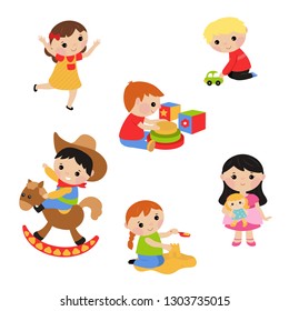 Little children play with toys. White background.
