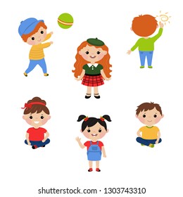 Little children play with toys. White background.