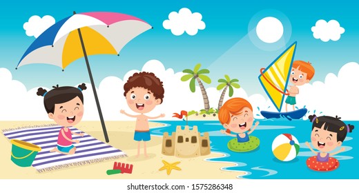 Little Children Playing At Beach